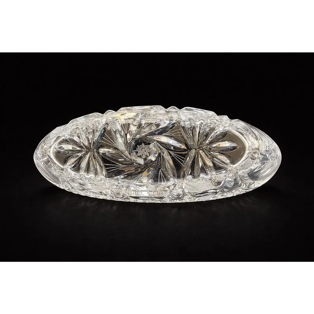 Vintage Cut Glass Canoe Bowl Hobstar Starburst Banana Dish Crystal Centerpie
